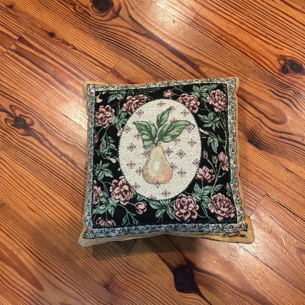 VTG Woven Tapestry Fruit Pear Rose Floral Decorative Pillow 14